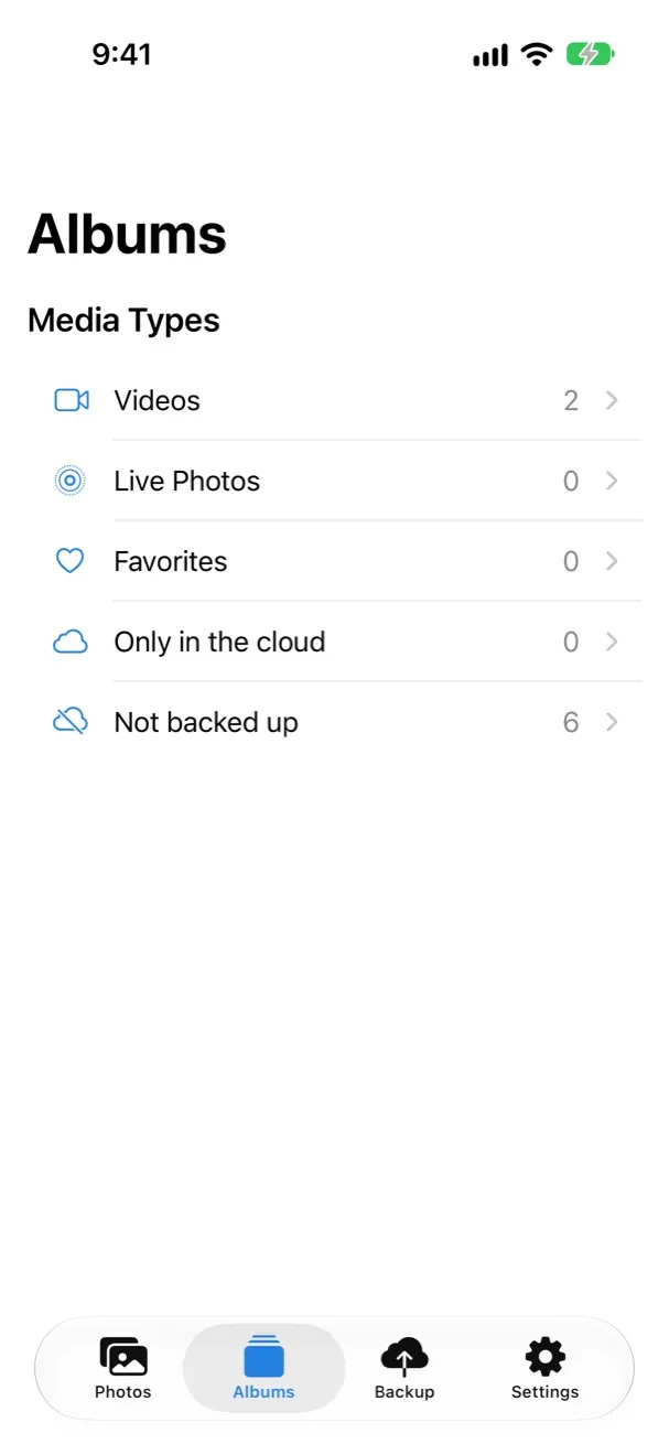The Albums tab with Videos, Live Photos, Favorites, Only in the cloud and Not backed up