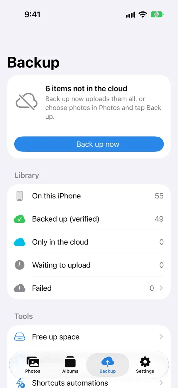 The Backup tab showing items not in the cloud and a Back up now button