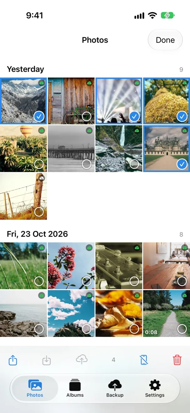 Several photos selected, with share, save, back up and delete buttons