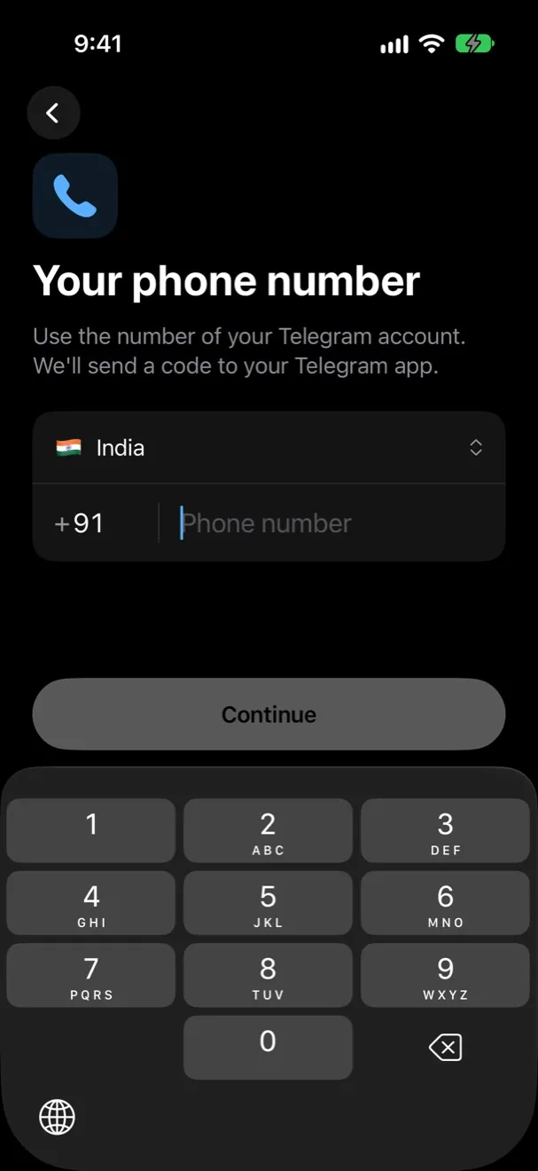 Entering a phone number to sign in